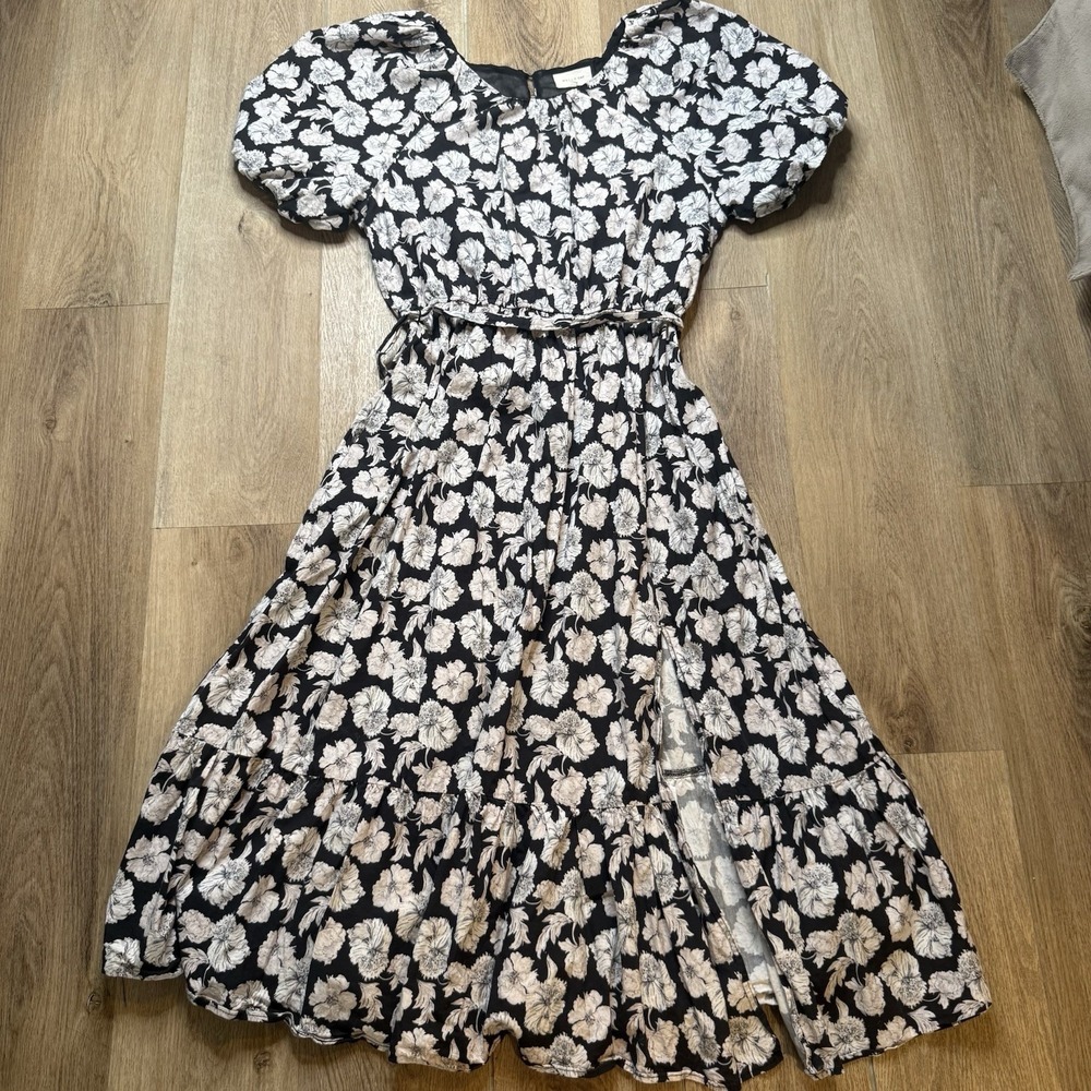 Melloday Cottagecore Floral Dress L Black White Short Sleeve Ruffle Tiered